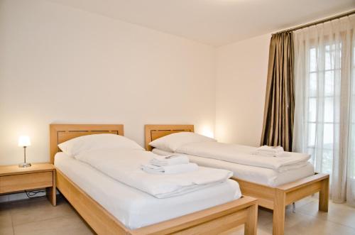 two twin beds in a room with a window at Apartment Delta - GRIWA RENT AG in Grindelwald