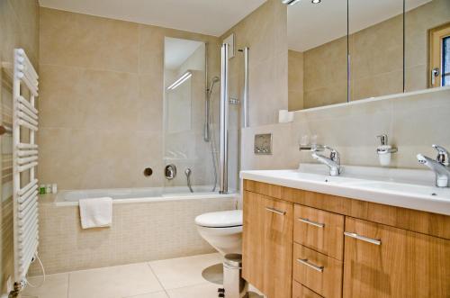 a bathroom with a toilet and a sink and a shower at Apartment Delta - GRIWA RENT AG in Grindelwald