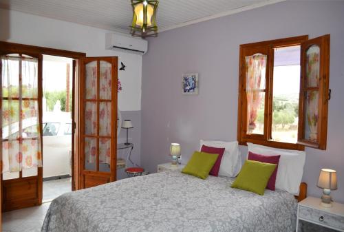 a bedroom with a bed with green and pink pillows at Villa Zahner in Pitsidia