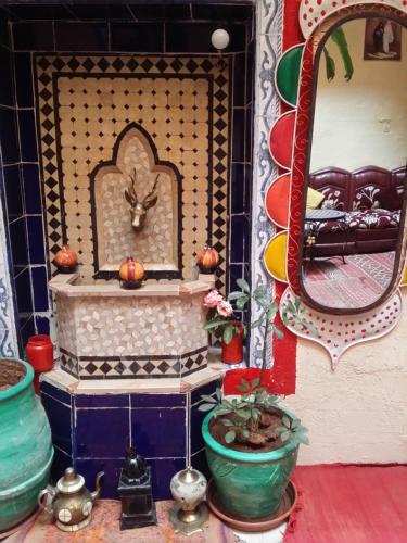 una stanza con specchio e pianta in vaso di Riad Espagne a Marrakech