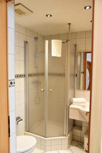 a bathroom with a shower and a toilet and a sink at Hotel Normandie in Schildow