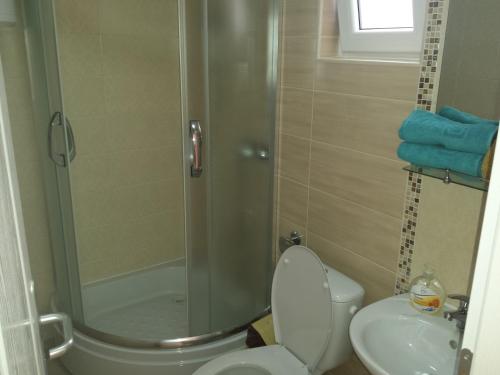 y baño con ducha, aseo y lavamanos. en Apartments Nasteski, en Ohrid