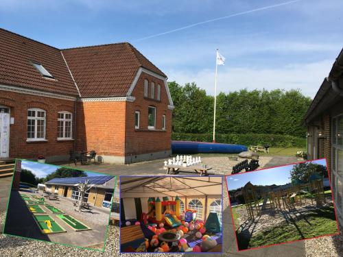 un collage di immagini di un edificio con parco giochi di Hestkær Family Rooms Summer Camp a Krogager