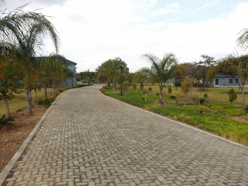 a cobblestone road in a park with palm trees at Vido Lodge and Conference Centre in Polokwane