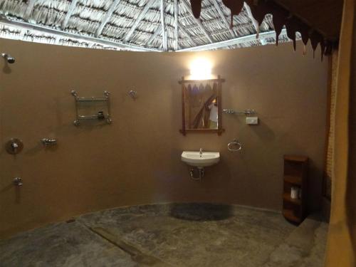 a bathroom with a sink and a mirror at The Barefoot At Havelock in Havelock Island