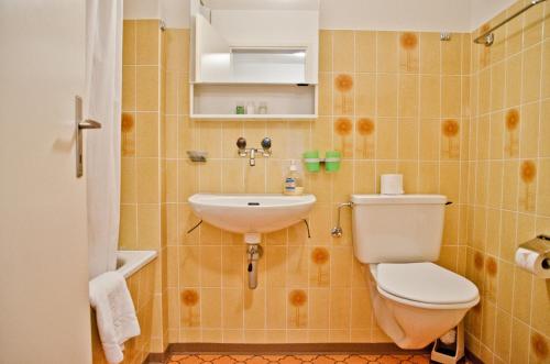 Apartment Schönegg - GRIWA RENT AG في جريندلفالد: حمام مع مرحاض ومغسلة