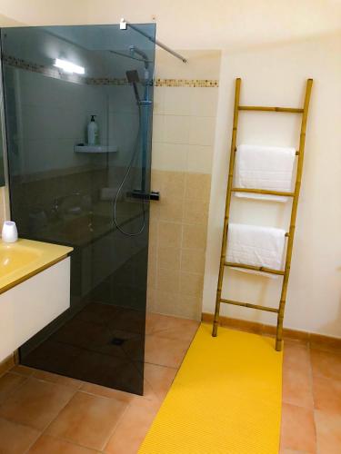 a bathroom with a shower and a yellow floor at Villa Nord-Plage in Les Anses-dʼArlets