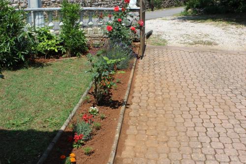 a garden with red flowers and a brick sidewalk at Apartments Seka in Risika