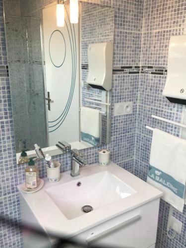 a bathroom with a sink and a mirror at Les Bleuets - Erdivines in Erdeven
