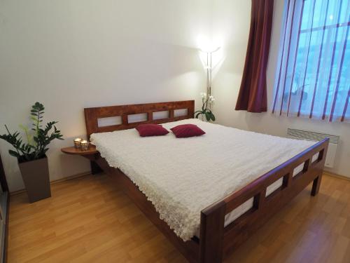 sypialnia z łóżkiem z czerwonymi poduszkami w obiekcie Apartmán Radmila w mieście Luhačovice