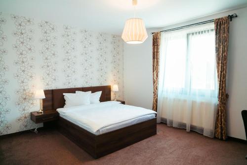 a bedroom with a bed and a window at Elegant House in Făgăraş