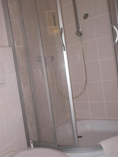 a shower with a glass door in a bathroom at Hotel am Seetor in Angermünde