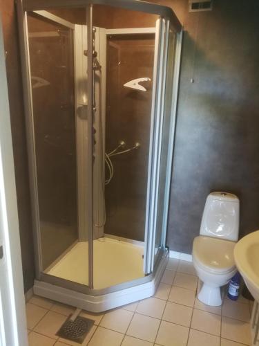 a shower stall in a bathroom with a toilet at Hagen in Vennesla