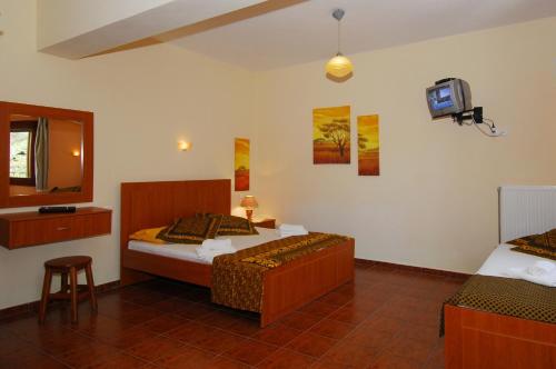 a bedroom with two beds and a tv on the wall at Menelaos Apartments in Lefokastro