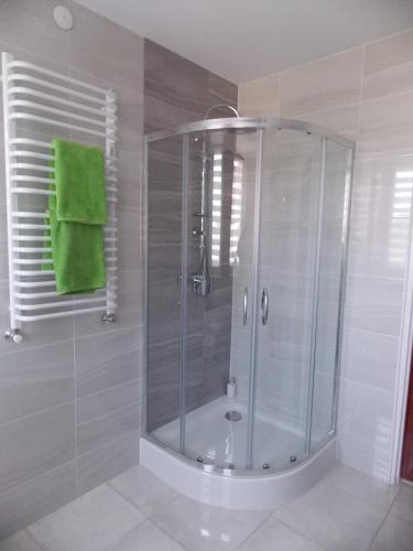 a shower stall in a bathroom with a green towel at Noclegi Zator in Zator