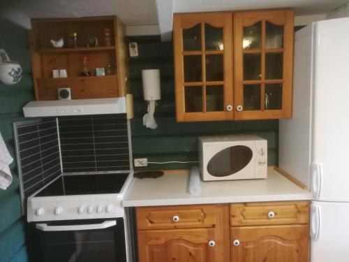 a small kitchen with a stove and a microwave at Hagen in Vennesla
