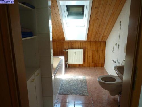 a bathroom with a toilet and a sink and a skylight at Aleksandra & Daria in Erfurt