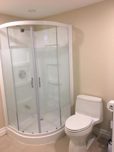 une salle de bain avec douche et toilettes dans l'établissement Victoria Harbour Cottages, à Victoria Harbour