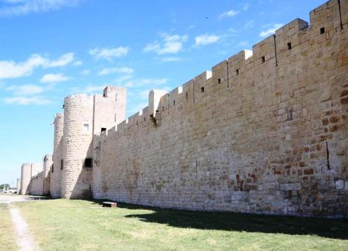 a large brick wall next to a castle at Au Cœur des Remparts in Aigues-Mortes