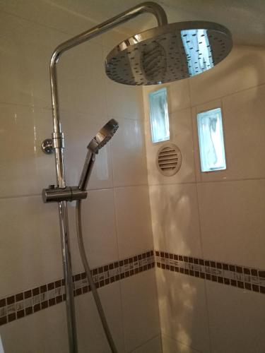 une douche avec pommeau de douche dans une salle de bain dans l'établissement La Longère d'Auberville, à Auberville