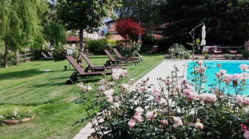 a garden with two chairs and a swimming pool at Hotel Calvi-Ristorante Mainor in Vittorio Veneto