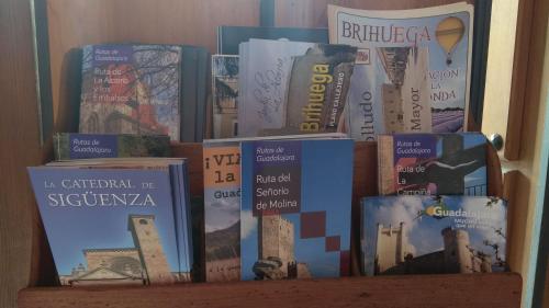 a pile of books sitting on top of a shelf at Los Nidos de Rebollosa in Rebollosa de Hita