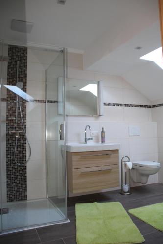 łazienka z prysznicem, umywalką i toaletą w obiekcie Ferienwohnung Grimmingblick w mieście Bad Mitterndorf