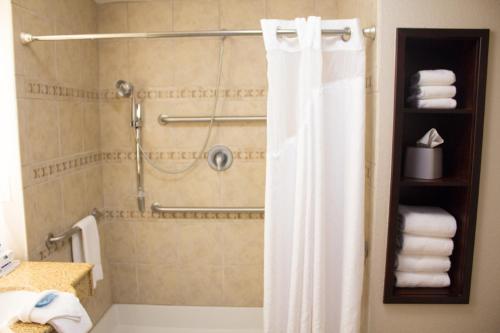a bathroom with a shower with a shower curtain at Holiday Inn Express West Jefferson by IHG in West Jefferson