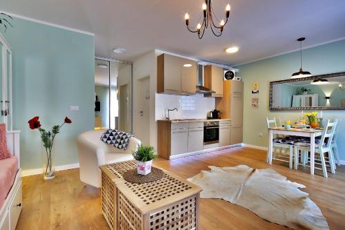 Studio Apartment Ada 2 في رييكا: غرفة معيشة مع مطبخ وغرفة طعام
