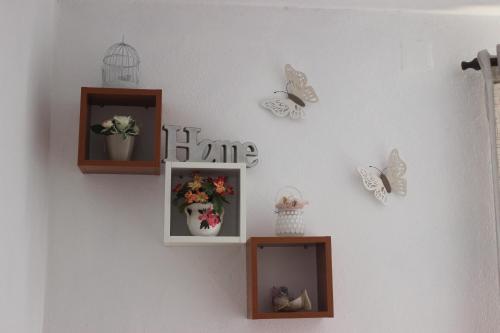 a wall with three pictures of butterflies and a bird cage at Apartments Duje in Split