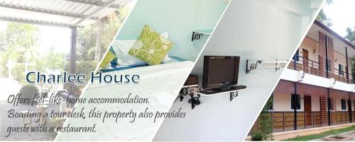 a collage of three pictures of a house with a tv at Charlee House in Trang