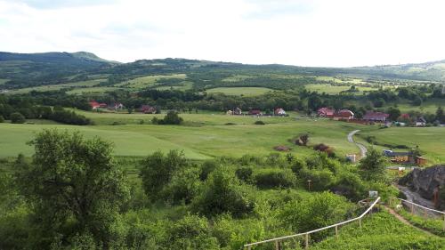 a view of a green field with trees and houses at Lörincz Vendégház in Corund