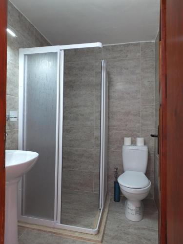 a bathroom with a shower with a toilet and a sink at Anatolia cave hotel Pension in Goreme