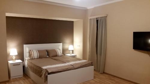 1 Schlafzimmer mit einem Bett mit 2 Lampen und einem Flachbild-TV in der Unterkunft Manana Appartment in Tbilisi City