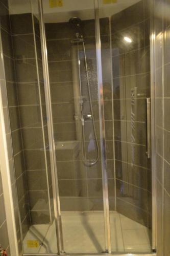 a shower with a glass door in a bathroom at Appartement TROCADERO in Paris