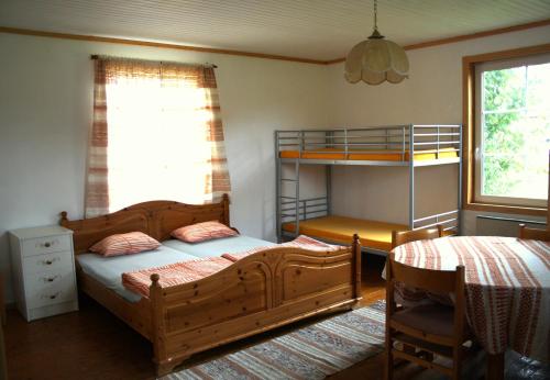 1 dormitorio con 2 camas y 1 litera en Old timber house, en Kalix