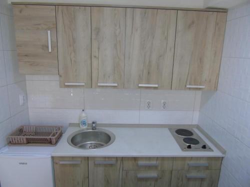 a small kitchen with a sink and a stove at Apartments Marysol in Kotor