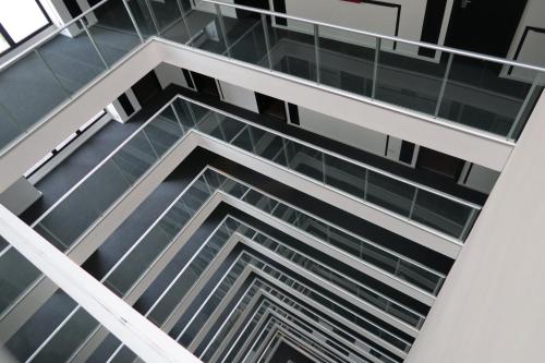 an overhead view of a building with glass windows at Esplendor by Wyndham Asuncion in Asuncion