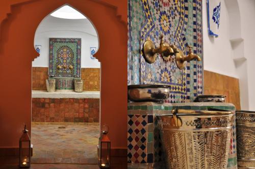 a bathroom with a sink and a mosaic wall at Al Alba in Asilah