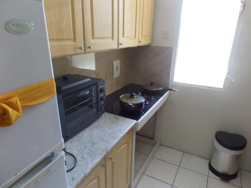 a small kitchen with a stove and a refrigerator at Turtle Beach Towers in Ocho Rios