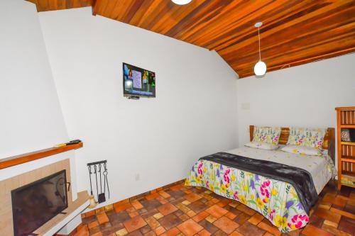 a bedroom with a bed and a fireplace at Pousada Bruxa Marela in Monte Verde