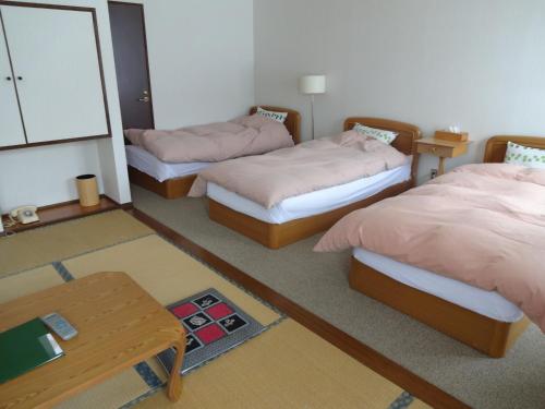Pokój z 3 łóżkami, stołem i lustrem w obiekcie Highland Lodge Takegen w mieście Myoko