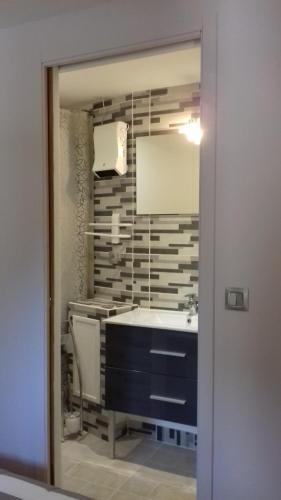 een badkamer met een wastafel en een spiegel bij Gîte d'Emeline in Bourdic
