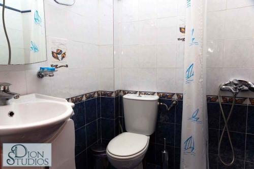 a bathroom with a white toilet and a sink at Dion Studios in Loutraki