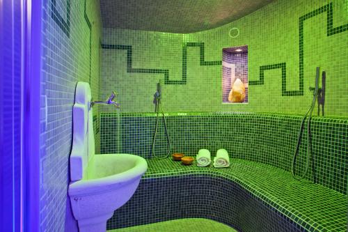 a green tiled bathroom with a toilet and shoes at Apartment Wellness Essense in Bled