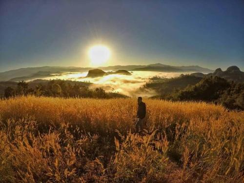 a man walking through a field with the sun in the background at Cave Lodge in Pang Mapha