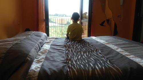 a child sitting on top of a bed looking out the window at Bed & Breakfast Valeri in Artena
