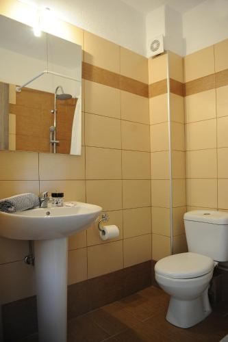 a bathroom with a sink and a toilet and a mirror at Rodon Loutra in Agia Paraskevi