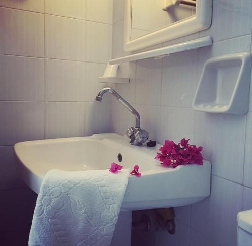 a bathroom sink with pink flowers on top of it at Studio Savvas in Melíkia