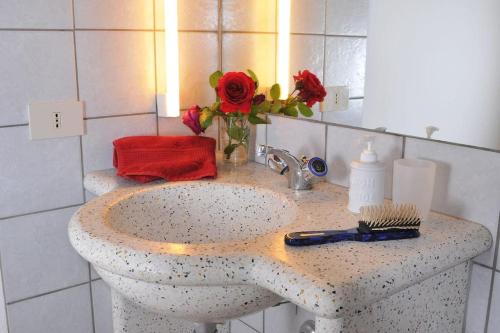 a bathroom sink with a flower vase and a mirror at Serra Destri in Riparbella